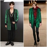 BigBang G Dragon green sequin jacket at Saint Laurent by Hedi Slimane show Paris Fashion Week Menswear Spring Summer 2015 PFW